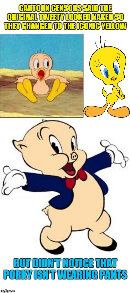 WB trivia time | CARTOON CENSORS SAID THE ORIGINAL TWEETY LOOKED NAKED SO THEY CHANGED TO THE ICONIC YELLOW; BUT DIDN'T NOTICE THAT PORKY ISN'T WEARING PANTS | image tagged in memes,tweety bird,porky pig | made w/ Imgflip meme maker