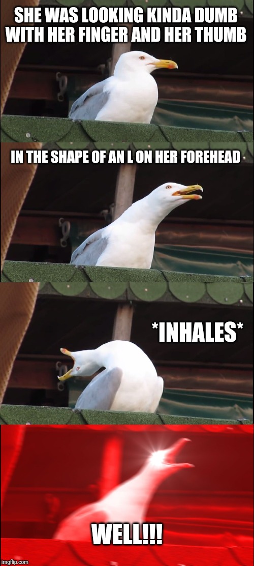 Inhaling Seagull | SHE WAS LOOKING KINDA DUMB WITH HER FINGER AND HER THUMB; IN THE SHAPE OF AN L ON HER FOREHEAD; *INHALES*; WELL!!! | image tagged in memes,inhaling seagull | made w/ Imgflip meme maker