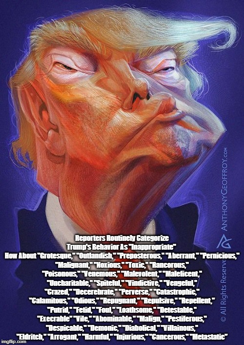 Reporters Routinely Categorize Trump's Behavior As "Inappropriate" 
How About "Grotesque," "Outlandish," "Preposterous," "Aberrant," "Pernic | made w/ Imgflip meme maker