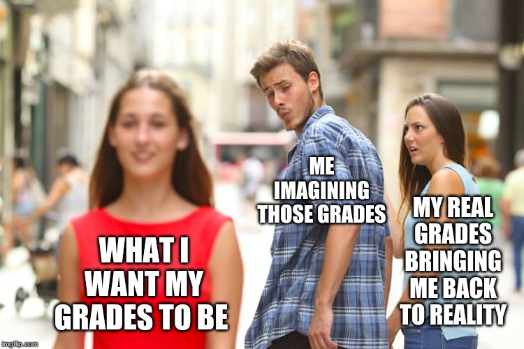 Distracted Boyfriend | ME IMAGINING THOSE GRADES; MY REAL GRADES BRINGING ME BACK TO REALITY; WHAT I WANT MY GRADES TO BE | image tagged in memes,distracted boyfriend | made w/ Imgflip meme maker