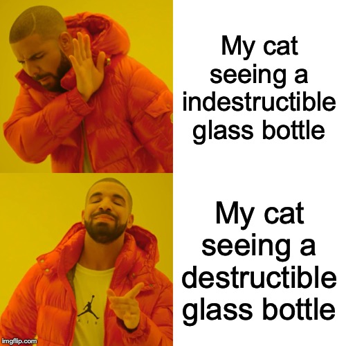 Drake Hotline Bling | My cat seeing a indestructible glass bottle; My cat seeing a destructible glass bottle | image tagged in memes,drake hotline bling | made w/ Imgflip meme maker