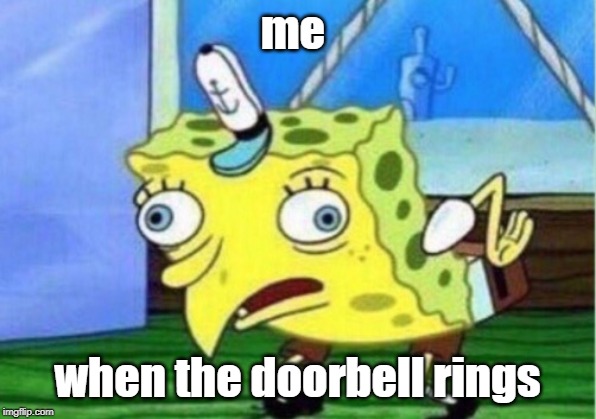 Mocking Spongebob | me; when the doorbell rings | image tagged in memes,mocking spongebob | made w/ Imgflip meme maker