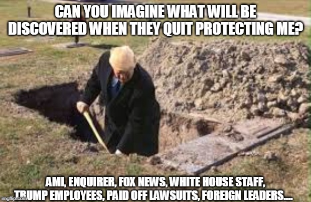Can you imagine what will be discovered when they quit protecting me? | CAN YOU IMAGINE WHAT WILL BE DISCOVERED WHEN THEY QUIT PROTECTING ME? AMI, ENQUIRER, FOX NEWS, WHITE HOUSE STAFF, TRUMP EMPLOYEES, PAID OFF LAWSUITS, FOREIGN LEADERS.... | image tagged in trump,criminal,cover up,quid pro quo,digging grave | made w/ Imgflip meme maker