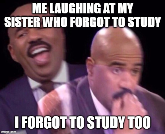 Steve Harvey Laughing Serious | ME LAUGHING AT MY SISTER WHO FORGOT TO STUDY; I FORGOT TO STUDY TOO | image tagged in steve harvey laughing serious | made w/ Imgflip meme maker