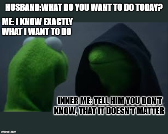 Kermit dark side | HUSBAND:WHAT DO YOU WANT TO DO TODAY? ME: I KNOW EXACTLY WHAT I WANT TO DO; INNER ME: TELL HIM YOU DON'T KNOW, THAT IT DOESN'T MATTER | image tagged in kermit dark side | made w/ Imgflip meme maker