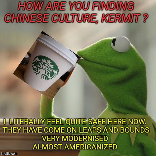 Modern China | HOW ARE YOU FINDING CHINESE CULTURE, KERMIT ? I  LITERALLY FEEL QUITE SAFE HERE NOW. 
THEY HAVE COME ON LEAPS AND BOUNDS
VERY MODERNISED 
ALMOST AMERICANIZED | image tagged in memes,but thats none of my business,kermit the frog,made in china,made in usa,donald trump | made w/ Imgflip meme maker