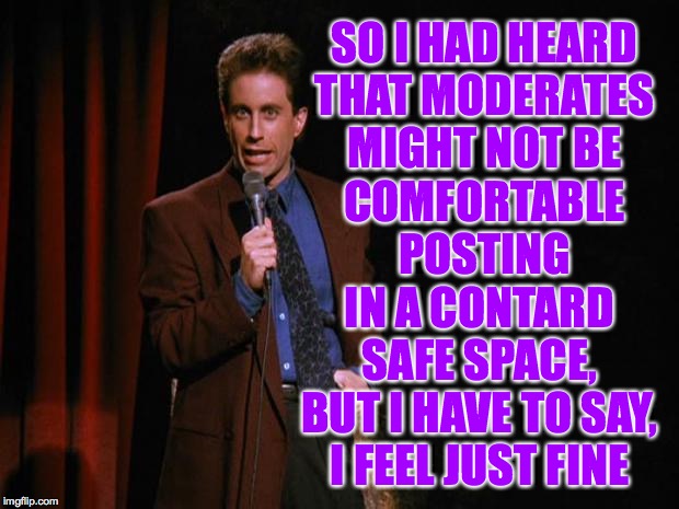 Seinfeld | SO I HAD HEARD
THAT MODERATES
MIGHT NOT BE
COMFORTABLE
POSTING IN A CONTARD SAFE SPACE, BUT I HAVE TO SAY, I FEEL JUST FINE | image tagged in seinfeld | made w/ Imgflip meme maker