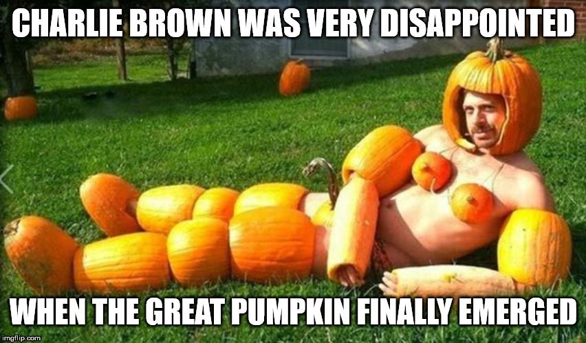 Pumpkin Man | CHARLIE BROWN WAS VERY DISAPPOINTED; WHEN THE GREAT PUMPKIN FINALLY EMERGED | image tagged in pumpkin man | made w/ Imgflip meme maker