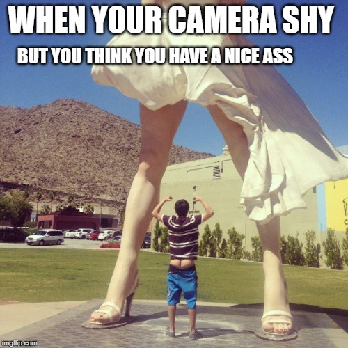 camera shy | BUT YOU THINK YOU HAVE A NICE ASS; WHEN YOUR CAMERA SHY | image tagged in ass,marilynmonroe,plamsprings,camera,shy,groupie | made w/ Imgflip meme maker