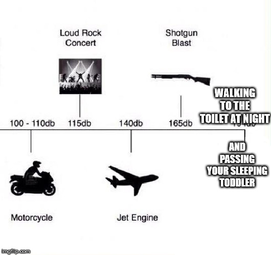 Loud |  WALKING TO THE TOILET AT NIGHT; AND PASSING YOUR SLEEPING TODDLER | image tagged in decibel noise,funny memes,memes | made w/ Imgflip meme maker
