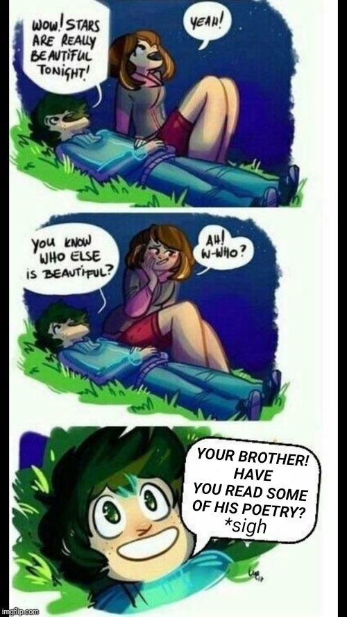 Oh noooo! | YOUR BROTHER!  HAVE YOU READ SOME OF HIS POETRY? *sigh | image tagged in you know who else is beautiful | made w/ Imgflip meme maker