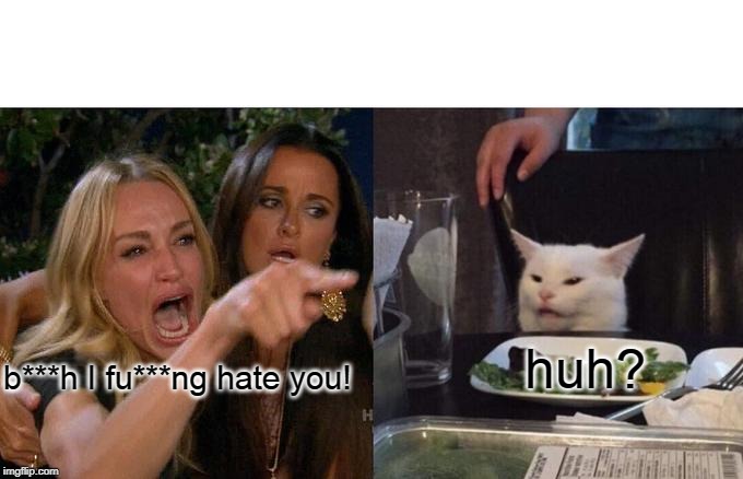 Woman Yelling At Cat | huh? b***h I fu***ng hate you! | image tagged in memes,woman yelling at a cat | made w/ Imgflip meme maker