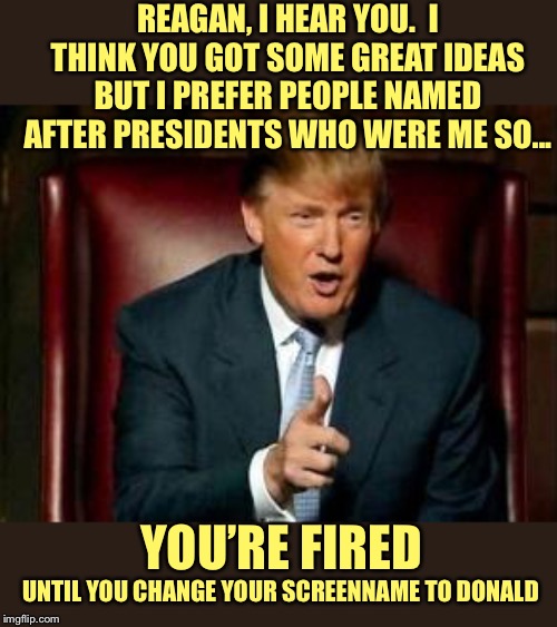 Donald Trump | REAGAN, I HEAR YOU.  I THINK YOU GOT SOME GREAT IDEAS BUT I PREFER PEOPLE NAMED AFTER PRESIDENTS WHO WERE ME SO... YOU’RE FIRED UNTIL YOU CH | image tagged in donald trump | made w/ Imgflip meme maker