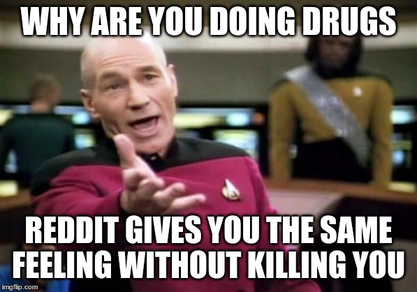 Picard Wtf | WHY ARE YOU DOING DRUGS; REDDIT GIVES YOU THE SAME FEELING WITHOUT KILLING YOU | image tagged in memes,picard wtf | made w/ Imgflip meme maker