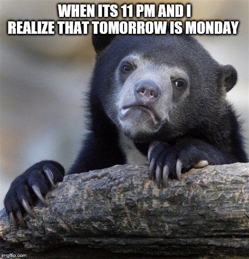 Confession Bear | WHEN ITS 11 PM AND I REALIZE THAT TOMORROW IS MONDAY | image tagged in memes,confession bear | made w/ Imgflip meme maker