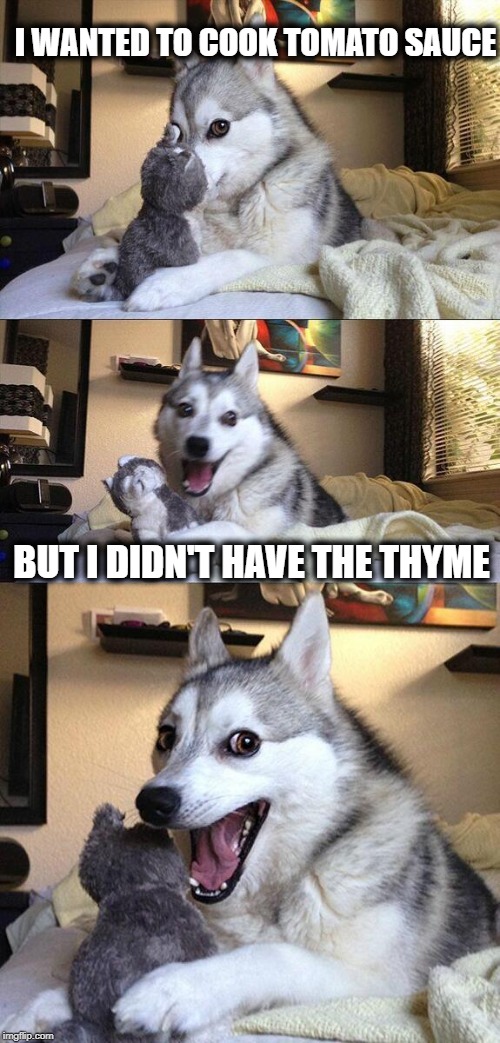 Pundog's Recipes | I WANTED TO COOK TOMATO SAUCE; BUT I DIDN'T HAVE THE THYME | image tagged in memes,bad pun dog | made w/ Imgflip meme maker