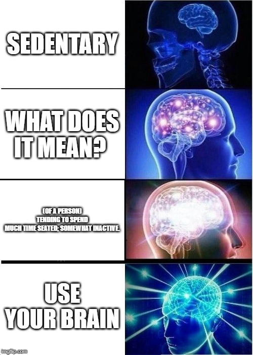 Expanding Brain Meme | SEDENTARY; WHAT DOES IT MEAN? (OF A PERSON) TENDING TO SPEND MUCH TIME SEATED; SOMEWHAT INACTIVE. USE YOUR BRAIN | image tagged in memes,expanding brain | made w/ Imgflip meme maker