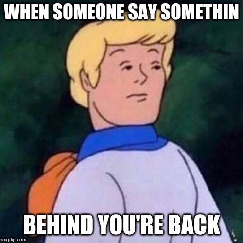 WHEN SOMEONE SAY SOMETHIN; BEHIND YOU'RE BACK | image tagged in scooby doo,funny | made w/ Imgflip meme maker