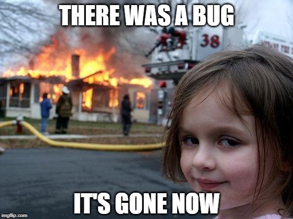 Disaster Girl | THERE WAS A BUG; IT'S GONE NOW | image tagged in memes,disaster girl | made w/ Imgflip meme maker