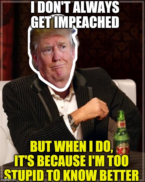 The Most Interesting Man In The World | I DON'T ALWAYS GET IMPEACHED; BUT WHEN I DO, IT'S BECAUSE I'M TOO STUPID TO KNOW BETTER | image tagged in memes,the most interesting man in the world | made w/ Imgflip meme maker