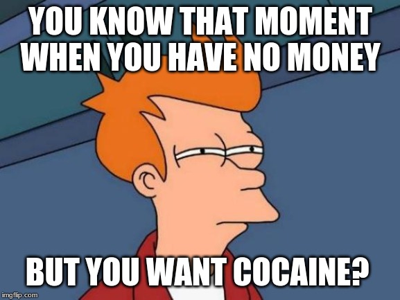 Futurama Fry | YOU KNOW THAT MOMENT WHEN YOU HAVE NO MONEY; BUT YOU WANT COCAINE? | image tagged in memes,futurama fry | made w/ Imgflip meme maker