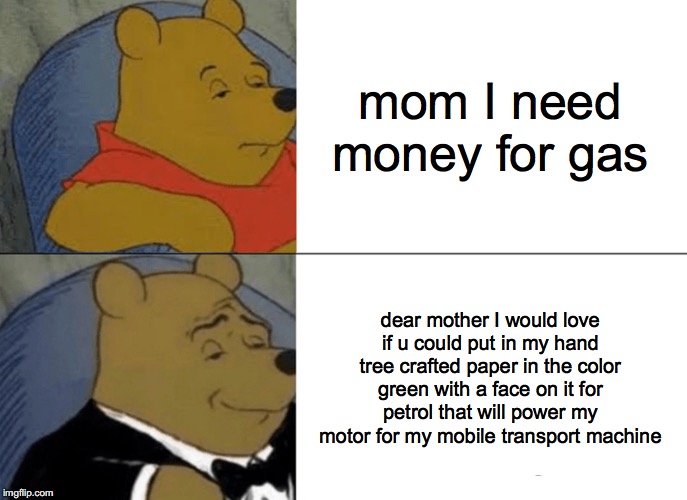 Tuxedo Winnie The Pooh Meme | mom I need money for gas; dear mother I would love if u could put in my hand tree crafted paper in the color green with a face on it for petrol that will power my motor for my mobile transport machine | image tagged in memes,tuxedo winnie the pooh | made w/ Imgflip meme maker