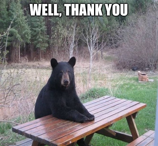 WELL, THANK YOU | image tagged in black bear | made w/ Imgflip meme maker