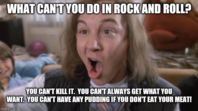 Rock and Roll | WHAT CAN'T YOU DO IN ROCK AND ROLL? YOU CAN'T KILL IT.  YOU CAN'T ALWAYS GET WHAT YOU WANT.  YOU CAN'T HAVE ANY PUDDING IF YOU DON'T EAT YOUR MEAT! | image tagged in rock and roll | made w/ Imgflip meme maker