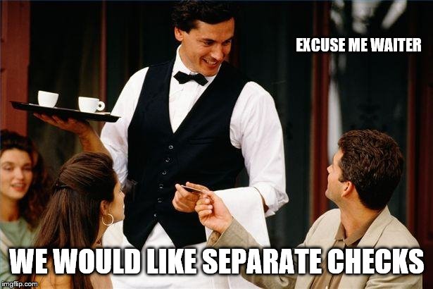waiter | EXCUSE ME WAITER WE WOULD LIKE SEPARATE CHECKS | image tagged in waiter | made w/ Imgflip meme maker