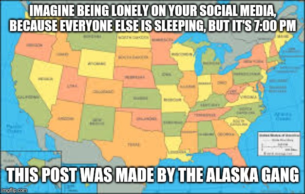 IMAGINE BEING LONELY ON YOUR SOCIAL MEDIA, BECAUSE EVERYONE ELSE IS SLEEPING, BUT IT'S 7:00 PM; THIS POST WAS MADE BY THE ALASKA GANG | image tagged in memes,united states | made w/ Imgflip meme maker