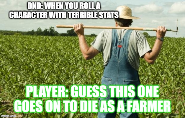 farmer | DND: WHEN YOU ROLL A CHARACTER WITH TERRIBLE STATS; PLAYER: GUESS THIS ONE GOES ON TO DIE AS A FARMER | image tagged in farmer,dungeons and dragons,retirement,rip | made w/ Imgflip meme maker