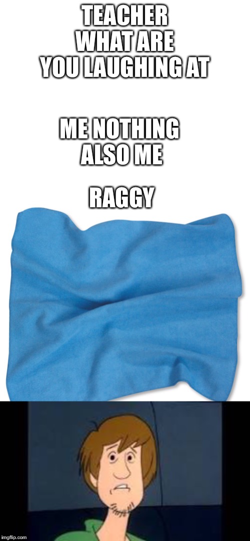 TEACHER WHAT ARE YOU LAUGHING AT; ME NOTHING 
ALSO ME; RAGGY | image tagged in blank white template | made w/ Imgflip meme maker