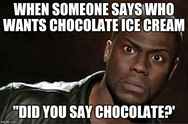 Kevin Hart | WHEN SOMEONE SAYS WHO WANTS CHOCOLATE ICE CREAM; "DID YOU SAY CHOCOLATE?' | image tagged in memes,kevin hart | made w/ Imgflip meme maker