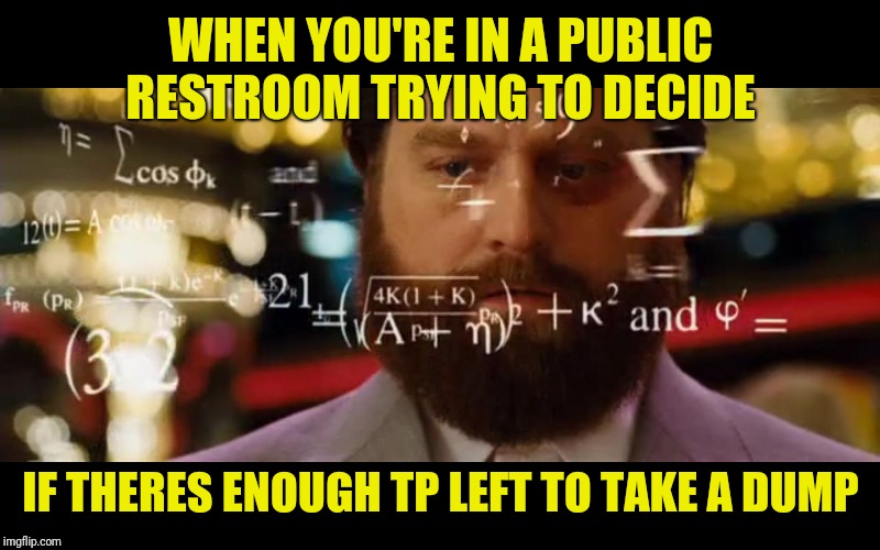 Wishing you all a clean pinch, because toilet humor | WHEN YOU'RE IN A PUBLIC RESTROOM TRYING TO DECIDE; IF THERES ENOUGH TP LEFT TO TAKE A DUMP | image tagged in hangover math,toilet humor | made w/ Imgflip meme maker