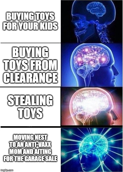 Expanding Brain | BUYING TOYS FOR YOUR KIDS; BUYING TOYS FROM CLEARANCE; STEALING TOYS; MOVING NEST TO AN ANTI-VAXX MOM AND AITING FOR THE GARAGE SALE | image tagged in memes,expanding brain | made w/ Imgflip meme maker