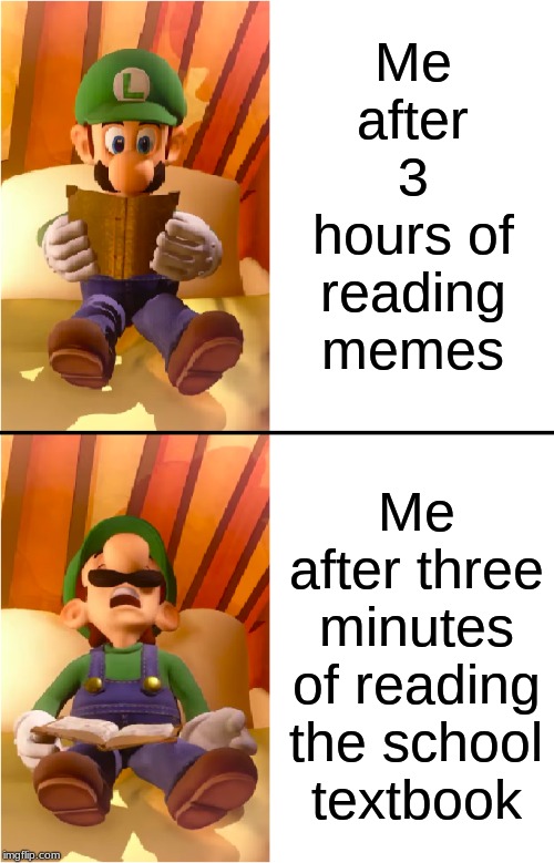 Me after 3 hours of reading memes; Me after three minutes of reading the school textbook | image tagged in luigi | made w/ Imgflip meme maker