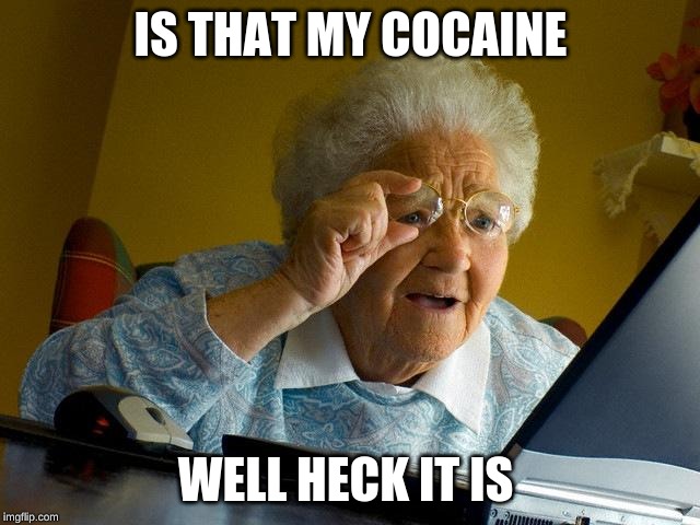 Grandma Finds The Internet Meme | IS THAT MY COCAINE; WELL HECK IT IS | image tagged in memes,grandma finds the internet | made w/ Imgflip meme maker