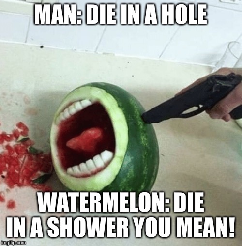MAN: DIE IN A HOLE; WATERMELON: DIE IN A SHOWER YOU MEAN! | image tagged in watermelon | made w/ Imgflip meme maker