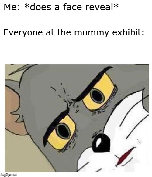 "Mommy, I thought you told me mummies don't come to life" | Me: *does a face reveal*; Everyone at the mummy exhibit: | image tagged in unsettled tom,memes,mummy,museum,face reveal | made w/ Imgflip meme maker