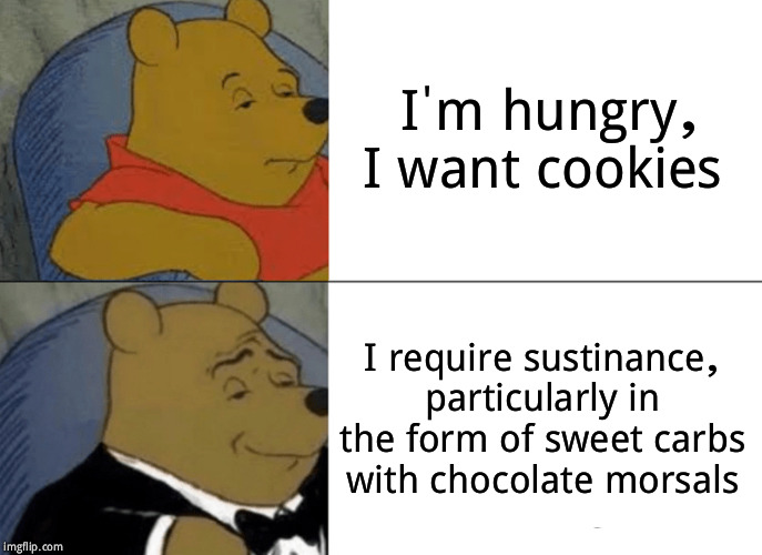 Tuxedo Winnie The Pooh Meme | I'm hungry, I want cookies; I require sustinance, particularly in the form of sweet carbs with chocolate morsals | image tagged in memes,tuxedo winnie the pooh | made w/ Imgflip meme maker