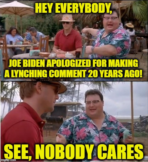 See Nobody Cares | HEY EVERYBODY, JOE BIDEN APOLOGIZED FOR MAKING A LYNCHING COMMENT 20 YEARS AGO! SEE, NOBODY CARES | image tagged in memes,see nobody cares | made w/ Imgflip meme maker