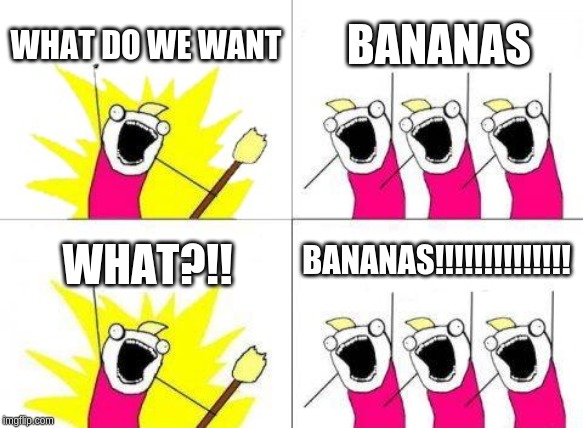 What Do We Want | WHAT DO WE WANT; BANANAS; BANANAS!!!!!!!!!!!!!! WHAT?!! | image tagged in memes,what do we want | made w/ Imgflip meme maker