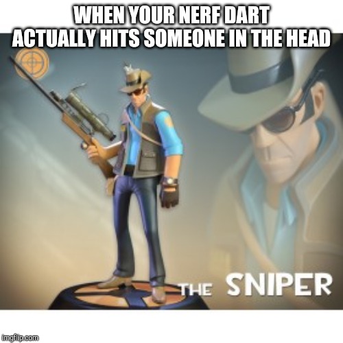 The Sniper TF2 meme | WHEN YOUR NERF DART ACTUALLY HITS SOMEONE IN THE HEAD | image tagged in the sniper tf2 meme | made w/ Imgflip meme maker