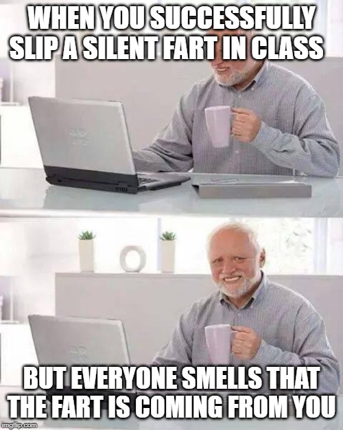 Hide the Pain Harold | WHEN YOU SUCCESSFULLY SLIP A SILENT FART IN CLASS; BUT EVERYONE SMELLS THAT THE FART IS COMING FROM YOU | image tagged in memes,hide the pain harold | made w/ Imgflip meme maker