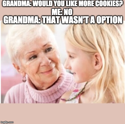 GRANDMA: WOULD YOU LIKE MORE COOKIES? ME: NO; GRANDMA: THAT WASN'T A OPTION | image tagged in grandma,cookies,lol | made w/ Imgflip meme maker