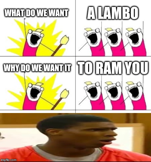 What Do We Want 3 Meme | WHAT DO WE WANT; A LAMBO; WHY DO WE WANT IT; TO RAM YOU | image tagged in memes,what do we want 3 | made w/ Imgflip meme maker