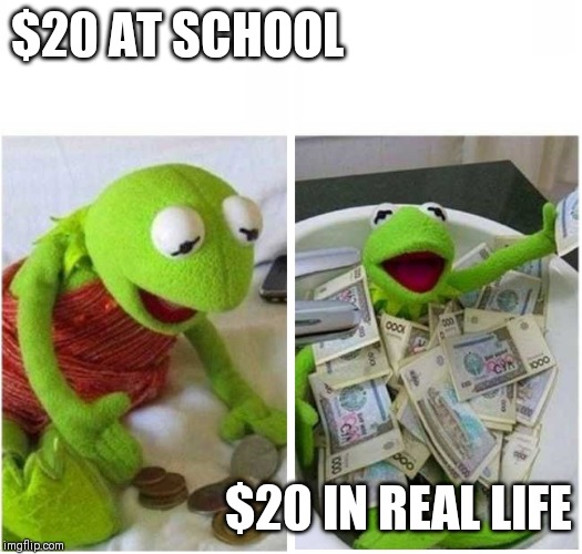 rich and poor | $20 AT SCHOOL; $20 IN REAL LIFE | image tagged in rich and poor | made w/ Imgflip meme maker