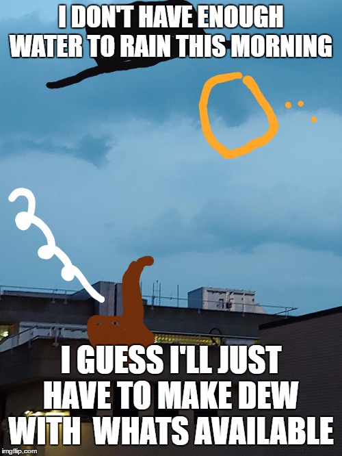  I DON'T HAVE ENOUGH WATER TO RAIN THIS MORNING; I GUESS I'LL JUST HAVE TO MAKE DEW WITH  WHATS AVAILABLE | image tagged in sir spiffy sky | made w/ Imgflip meme maker