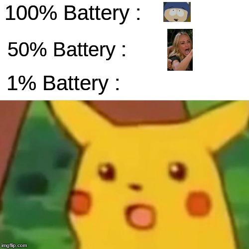 Surprised Pikachu | 100% Battery :; 50% Battery :; 1% Battery : | image tagged in memes,surprised pikachu | made w/ Imgflip meme maker