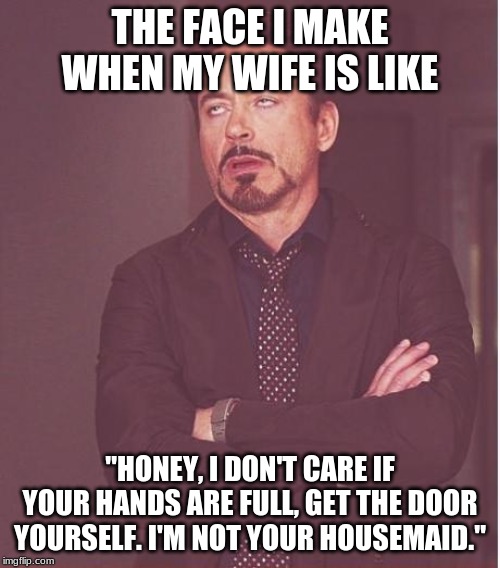 $#!+ Spouses Say? | THE FACE I MAKE WHEN MY WIFE IS LIKE; "HONEY, I DON'T CARE IF YOUR HANDS ARE FULL, GET THE DOOR YOURSELF. I'M NOT YOUR HOUSEMAID." | image tagged in memes,face you make robert downey jr,wife,fml,not a true story | made w/ Imgflip meme maker